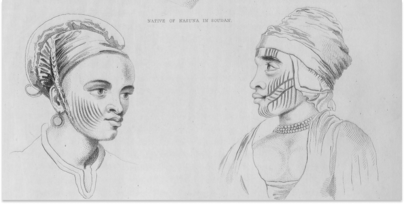 Illustration of man and woman with scarification marks - natives of kasuna in soudan